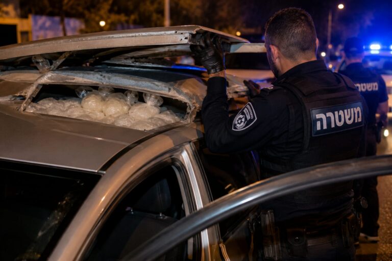 שוטרי מחוז ירושלים בוחנים רכב שבו אותר חומר החשוד כסם מוסלק בתא נסתר בגג הרכב