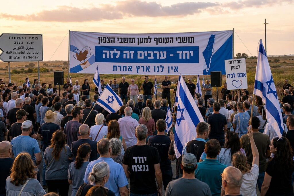 תושבי העוטף וראשי רשויות מתכנסים לעצרת תמיכה והזדהות עם תושבי יישובי הצפון על רקע דגלי ישראל ושדות הנגב