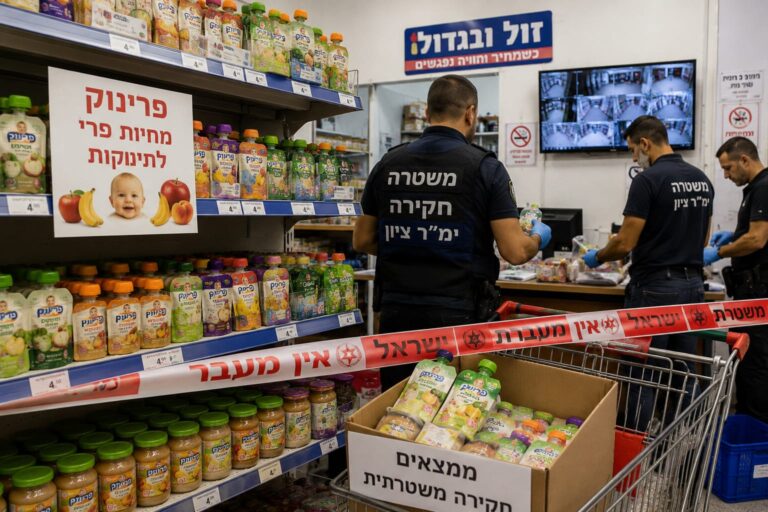 מדף מוצרי תינוקות בסופרמרקט בירושלים, כשברקע צוותי חקירה בודקים מצלמות אבטחה ומוצרים שנאספו מהחנות