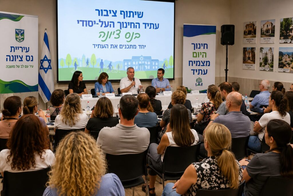 תלמידים והורים משתתפים בדיון קהילתי בנושא עתיד מערכת החינוך, לצד צוותי חינוך ונציגי העירייה