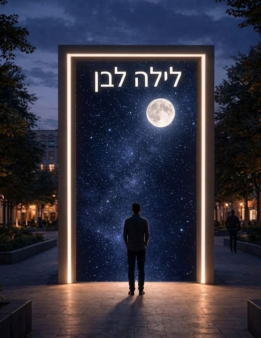 מיצב אמנותי ענק בהשראת גלקסיה, ירח וכוכבים במרכז כיכר הבימה בתל אביב, כשברקע מבקרים מצטלמים ומבני התרבות של העיר