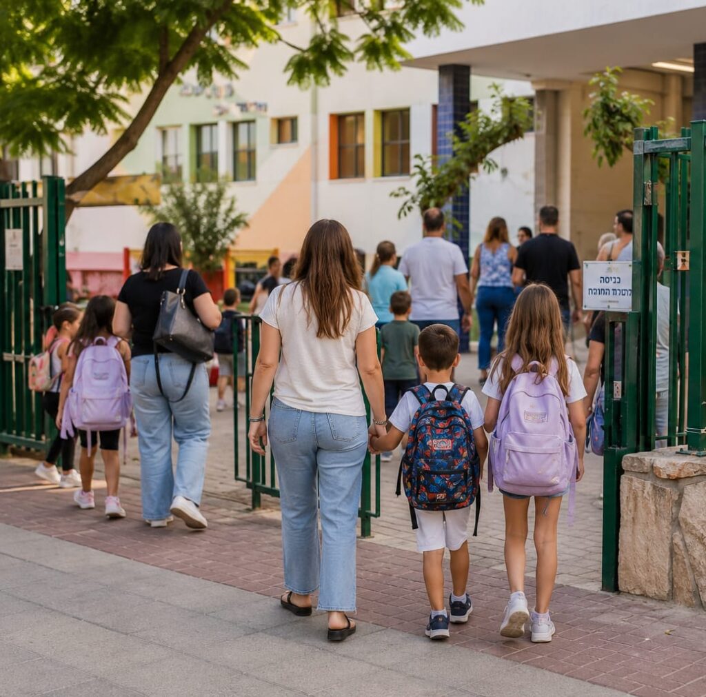 הורים וילדים בכניסה לגן ילדים ובית ספר במודיעין מכבים רעות לקראת פרסום שיבוצי מוסדות החינוך לשנת הלימודים החדשה