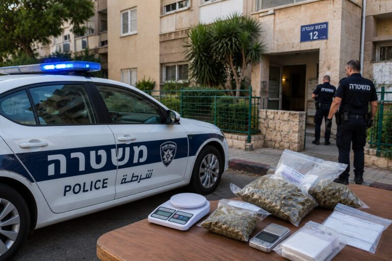 ניידת משטרה מחוץ לבניין מגורים בבאר שבע, לצד ציוד חקירה ושקיות ראיות במסגרת תיק החזקת סמים שלא לצריכה עצמית
