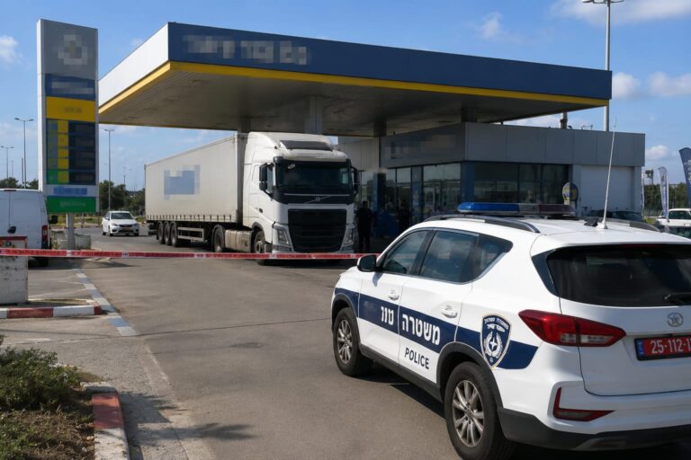 תחנת דלק באזור ניר בנים, לצד משאית חונה וניידת משטרה בזירת חקירה, בעקבות האירוע הקטלני שהוביל להגשת כתב אישום בגין המתה בקלות דעת
