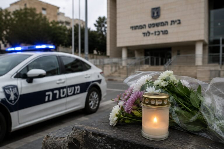 ניידת משטרה מחוץ לבית משפט, לצד נר זיכרון ופרחים