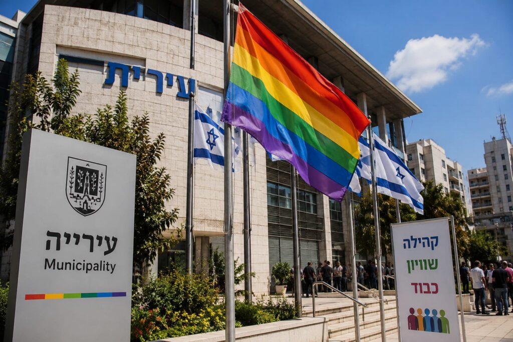 בניין עירייה במרחב עירוני ועליו דגלי גאווה המתנופפים לצד דגלי ישראל, ברקע אווירה של דיון ציבורי וקהילתי
