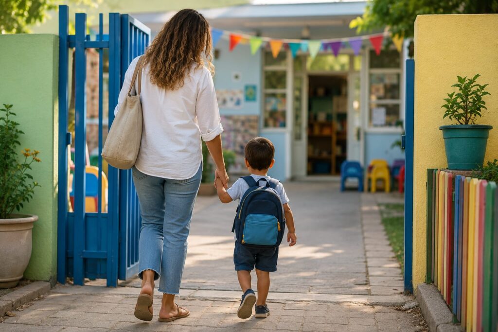הורים וילדים בכניסה לגן ילדים ברחובות לקראת פתיחת שנת הלימודים