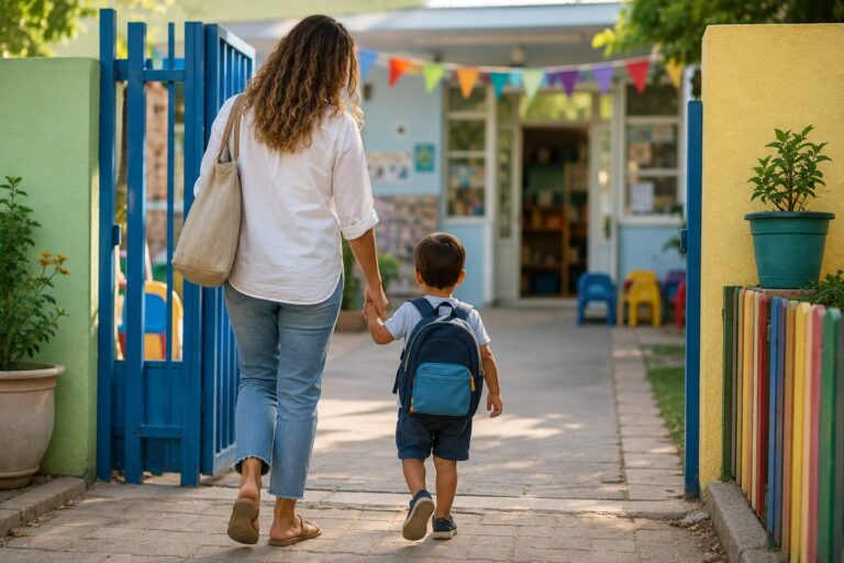 הורים וילדים בכניסה לגן ילדים ברחובות לקראת פתיחת שנת הלימודים