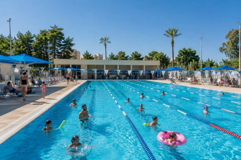 משפחות ותושבים נהנים מהבריכה העירונית המחודשת באשקלון ביום קיץ שמש