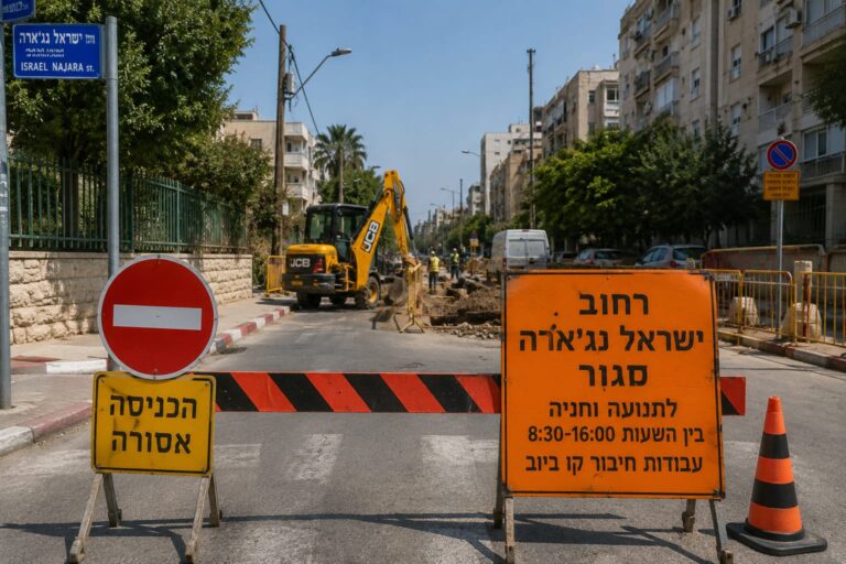 עבודות תשתית ברחוב עירוני ברחובות לצד שילוט המתריע על סגירת כביש ושינויים בהסדרי התנועה