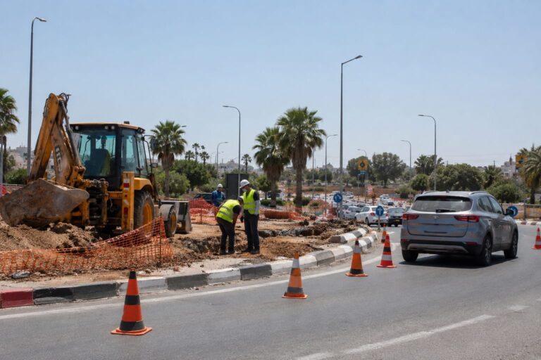 עבודות תשתית בדרך הטייסים באופקים לצד שילוט המכוון נהגים לשינויים זמניים בהסדרי התנועה