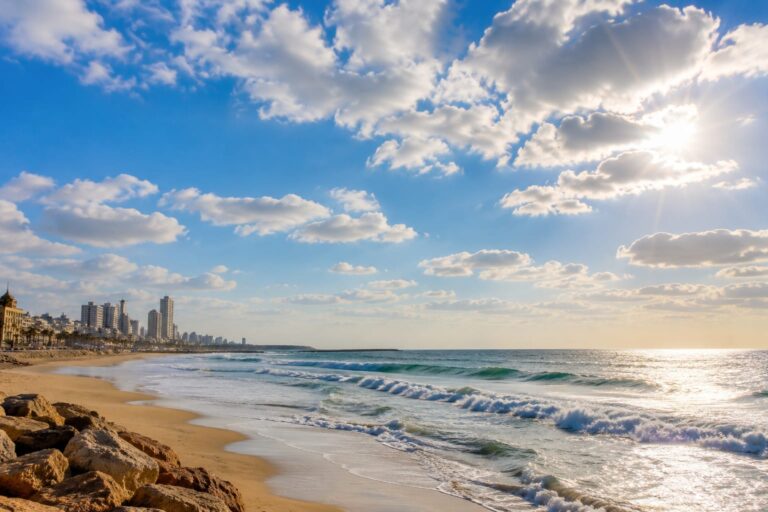 שמיים מעוננים חלקית מעל קו החוף בישראל לצד מזג אוויר נעים וים גלי