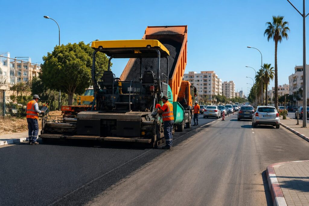עובדי תשתיות וכלי עבודה מבצעים עבודות ריבוד בכביש עירוני באשקלון לצד תנועה זורמת של כלי רכב