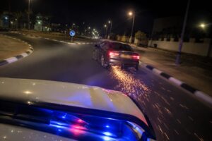 ניידת משטרה נוסעת בעקבות רכב בכביש עירוני במהלך פעילות אכיפה נגד עבירות תנועה מסכנות חיים
