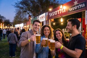 מבקרים נהנים מפסטיבל בירה בפארק פתוח לצד דוכני מזון, כוסות בירה והופעת רוק על במה מרכזית