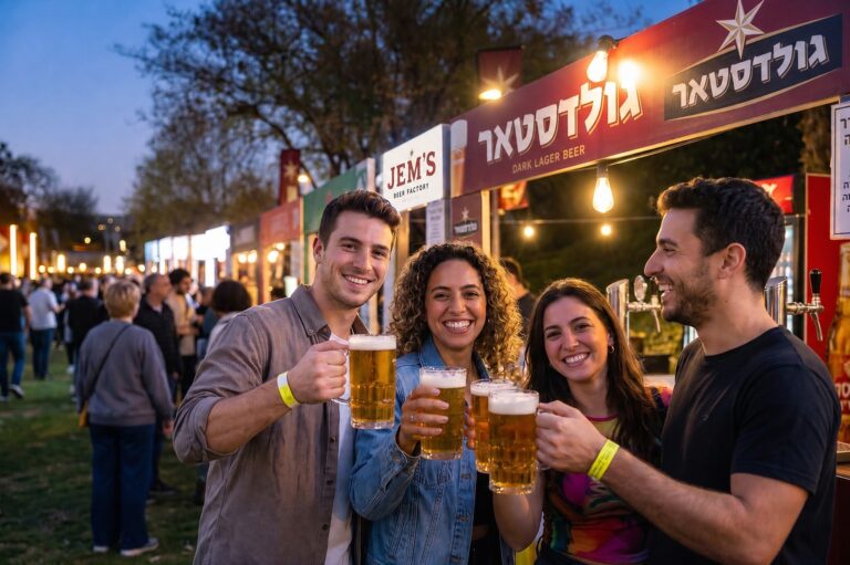 מבקרים נהנים מפסטיבל בירה בפארק פתוח לצד דוכני מזון, כוסות בירה והופעת רוק על במה מרכזית