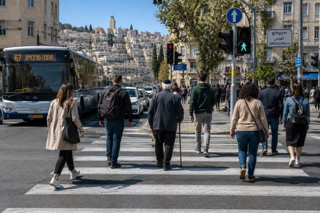 מעבר חציה עירוני עמוס שבו הולכי רגל ממתינים לחציית הכביש