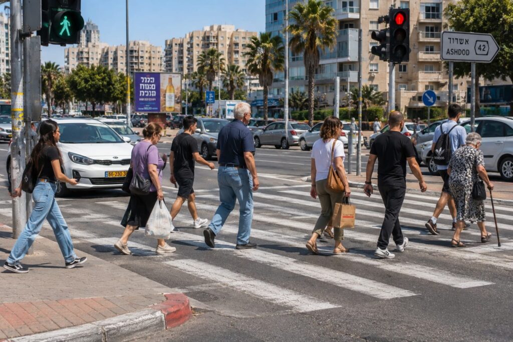 הולכי רגל חוצים מעבר חציה מרכזי באזור עירוני סואן