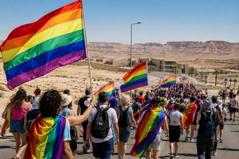 משתתפים צועדים ברחובות מצפה רמון עם דגלי גאווה צבעוניים על רקע נופי המדבר