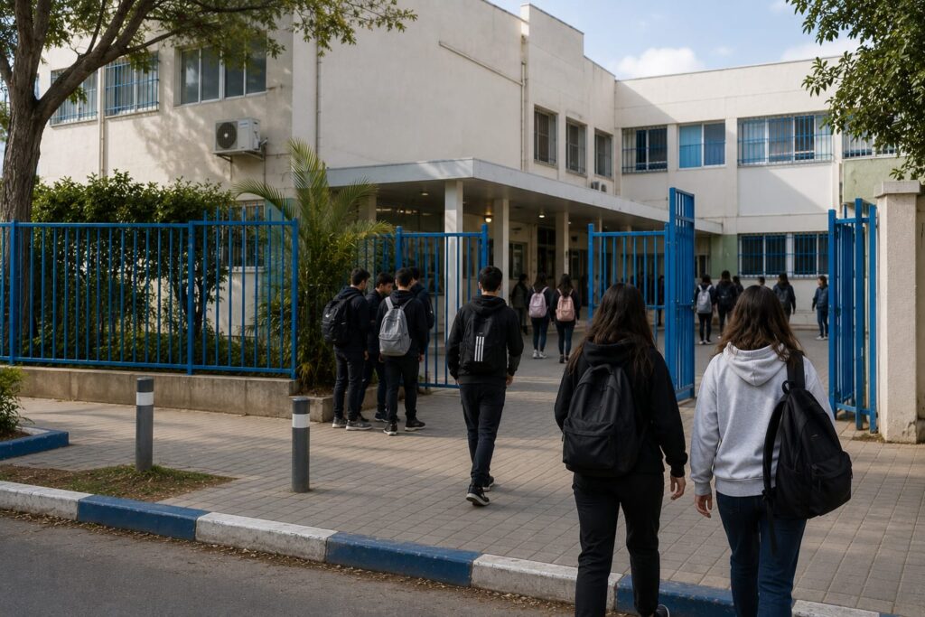 חזית בית ספר בפתח תקווה לאחר הודעה על שינוי בשעות הלימודים בעקבות אירוע אלימות