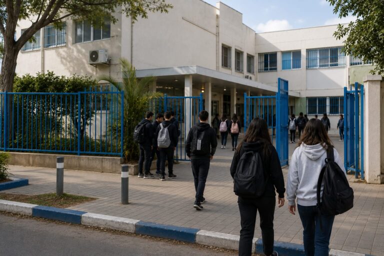 חזית בית ספר בפתח תקווה לאחר הודעה על שינוי בשעות הלימודים בעקבות אירוע אלימות