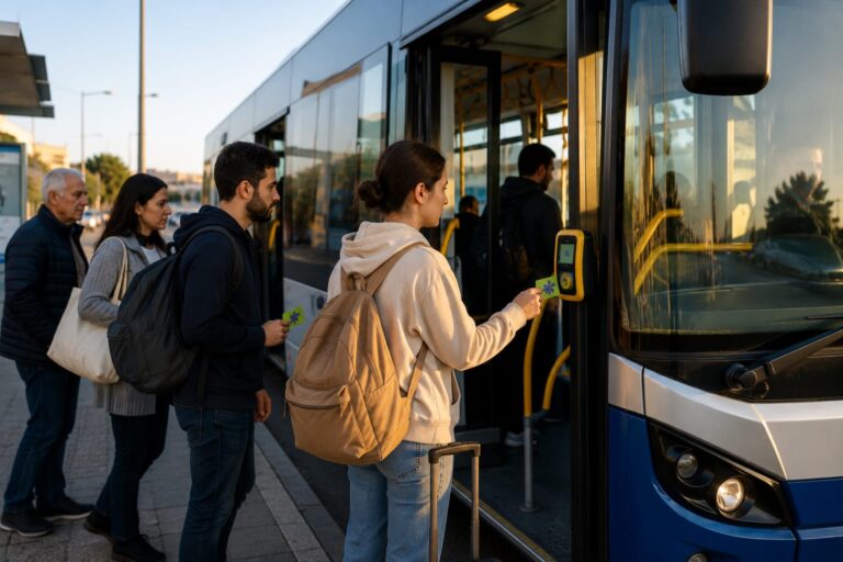נוסעים עולים לאוטובוס עם כרטיסי רב־קו במסגרת הטבת התחבורה הציבורית למפונים