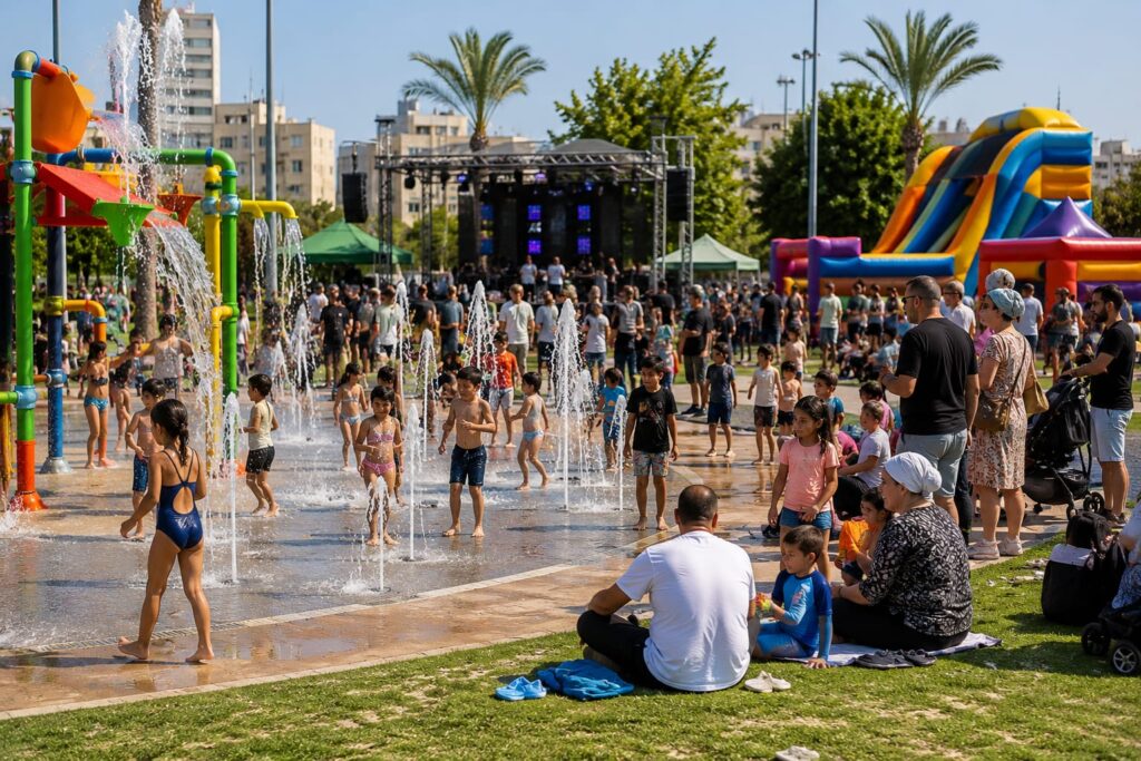 משפחות וילדים משתתפים באירוע קיץ קהילתי באשקלון עם מתקני מים, מוזיקה ופעילויות לכל המשפחה