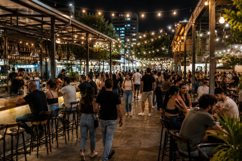 מתחם שוק פתח תקווה בשעות הערב עם מבקרים, ברים פתוחים ואווירת בילוי