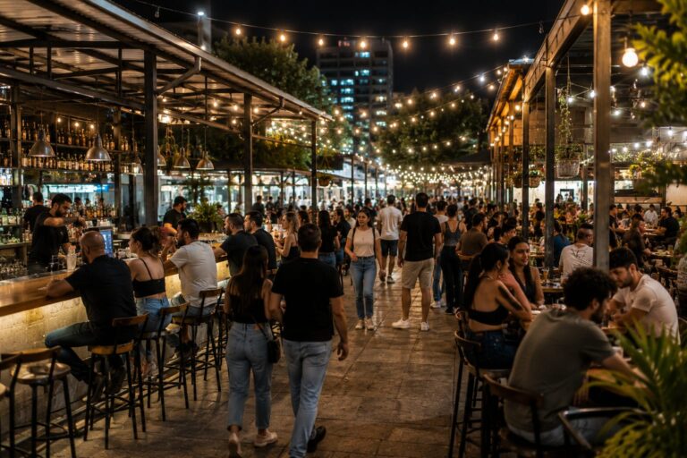 מתחם שוק פתח תקווה בשעות הערב עם מבקרים, ברים פתוחים ואווירת בילוי