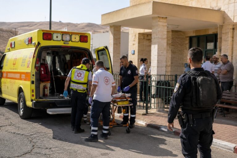 אמבולנס של מד"א וצוותי רפואה מחוץ למרפאה בערד לאחר פינוי פעוטה לבית החולים