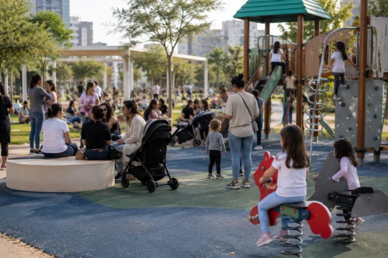 הורים וילדים בגינת משחקים בשכונת עיר היין באשקלון במסגרת פעילות קהילתית להורים