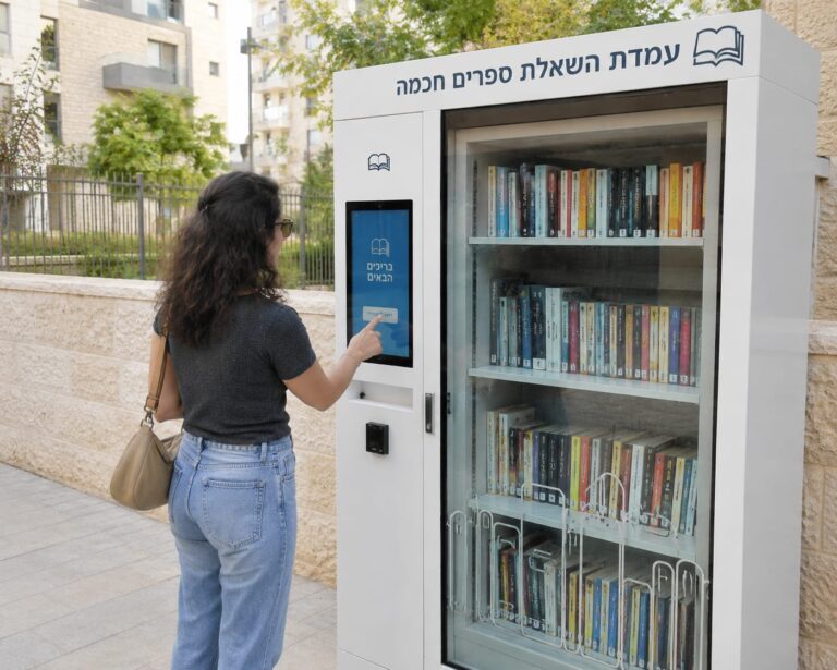 תושבת משתמשת בעמדת השאלת הספרים החכמה החדשה בקונסרבטוריון בשכונת מורשת במודיעין