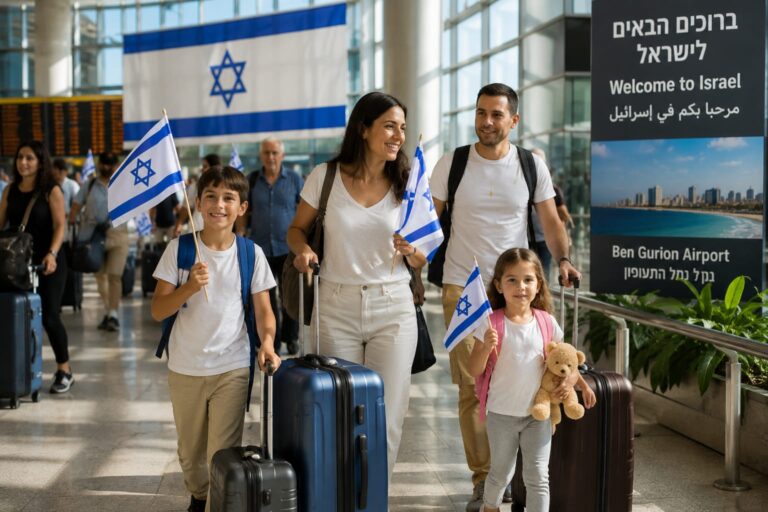 עולים חדשים מגיעים לישראל עם מזוודות ודגלי ישראל, על רקע נתוני העלייה לראשון לציון