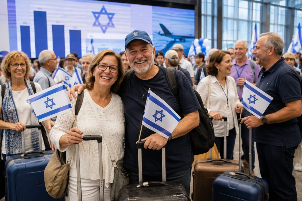 עולים חדשים בטקס קבלת פנים, על רקע נתוני משרד העלייה והקליטה הממקמים את הרצליה בין הערים המובילות בקליטת עלייה