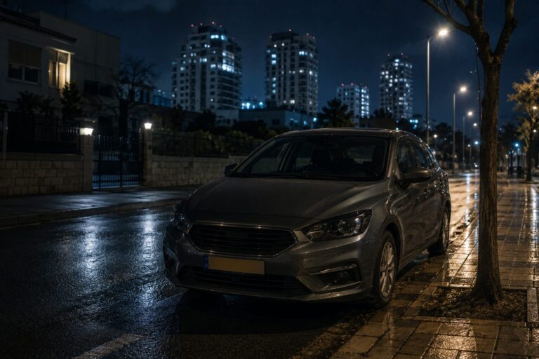 אילוסטרציה של רכב חונה בשעת לילה, על רקע נתוני גניבות הרכב באזור פתח תקווה