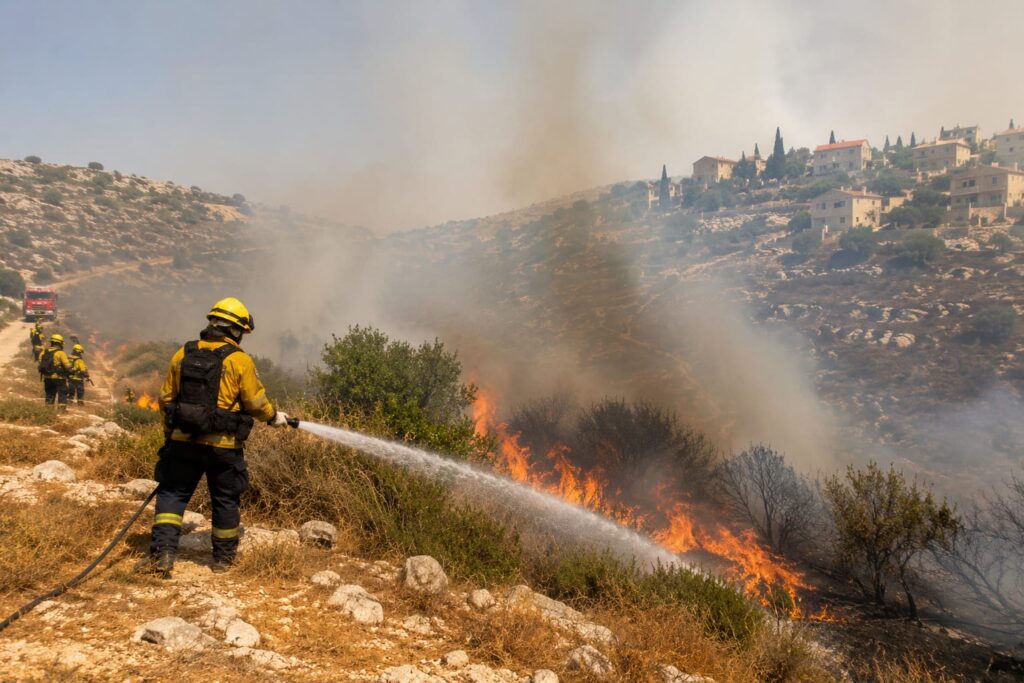 כוחות כיבוי פועלים בשטח פתוח סמוך ליישוב יצהר בעקבות שריפה שפרצה באזור