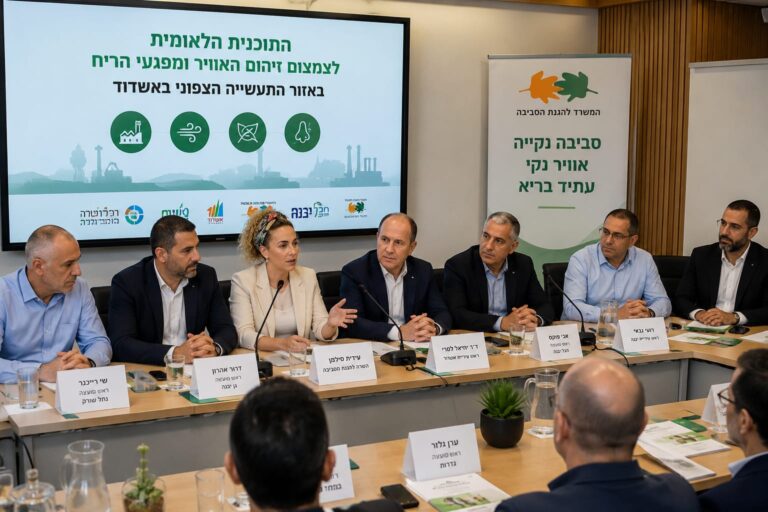 נציגי הרשויות והמשרד להגנת הסביבה במפגש להצגת התוכנית לצמצום זיהום האוויר ומפגעי הריח באזור