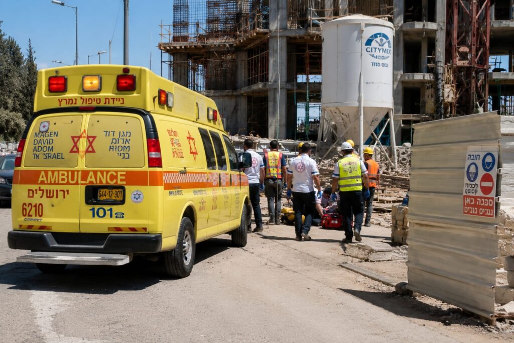 אמבולנס מד"א בזירת תאונת עבודה באתר בנייה בירושלים
