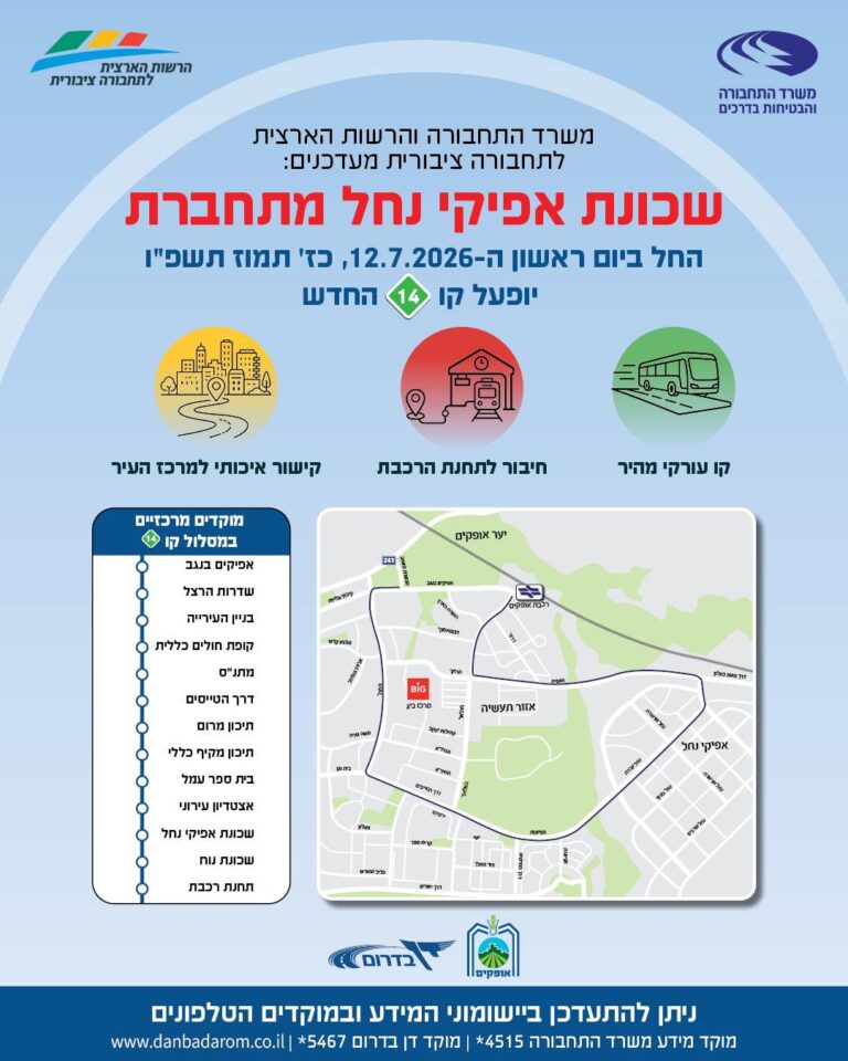קו אוטובוס של דן בדרום בקו החדש שיחבר בין תחנת הרכבת, אזור התעשייה ושכונת אפיקי נחל באופקים