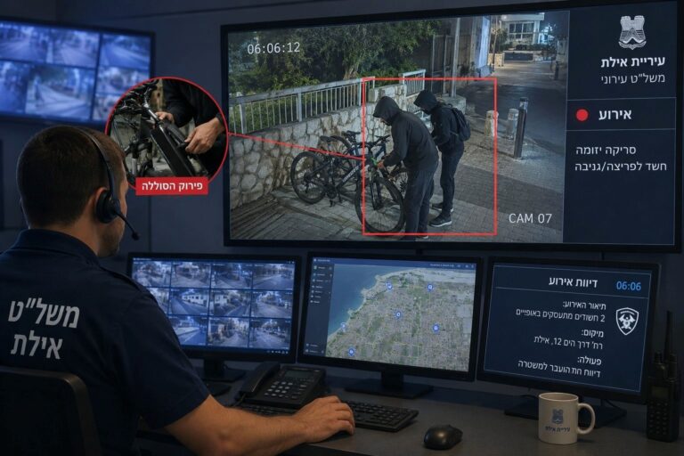 מוקדן במשל"ט העירוני של אילת עוקב אחר מצלמות האבטחה בזמן אמת