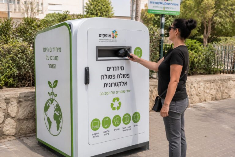 צילום מתקן מחזור חדש לפסולת אלקטרונית באופקים, כשלצדו תושבת המשליכה מטען או מכשיר חשמלי קטן