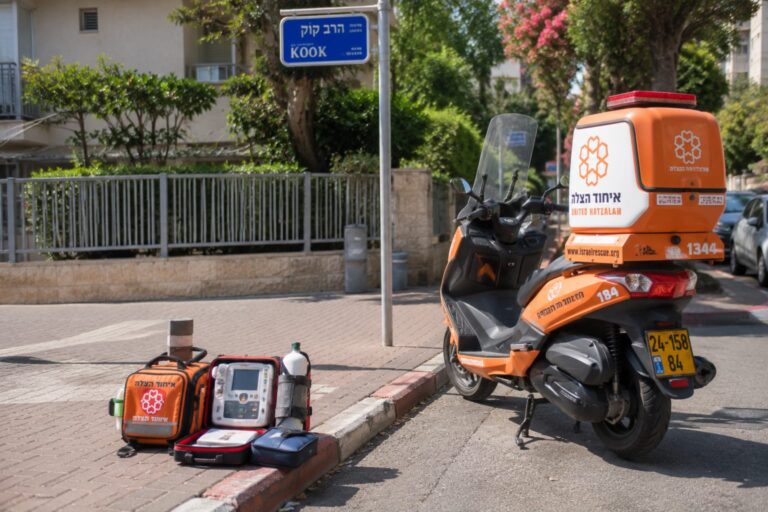 ניידת איחוד הצלה ברחוב הרב קוק בנתניה לצד ציוד החייאה