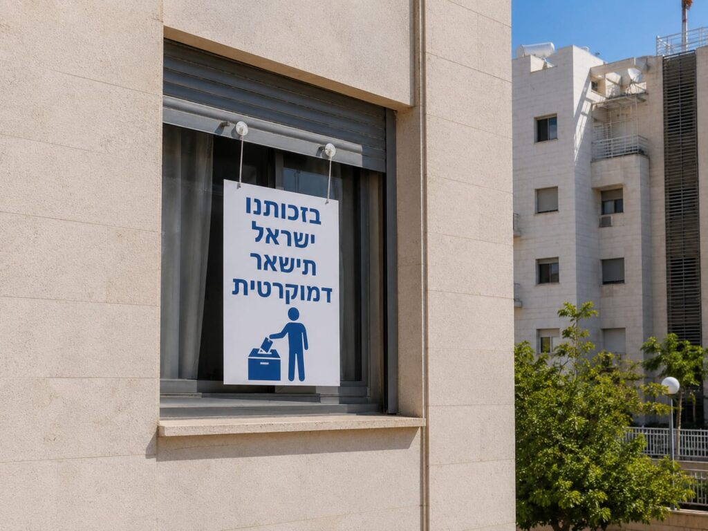צילום השלט התלוי בחלון הבית ברחובות