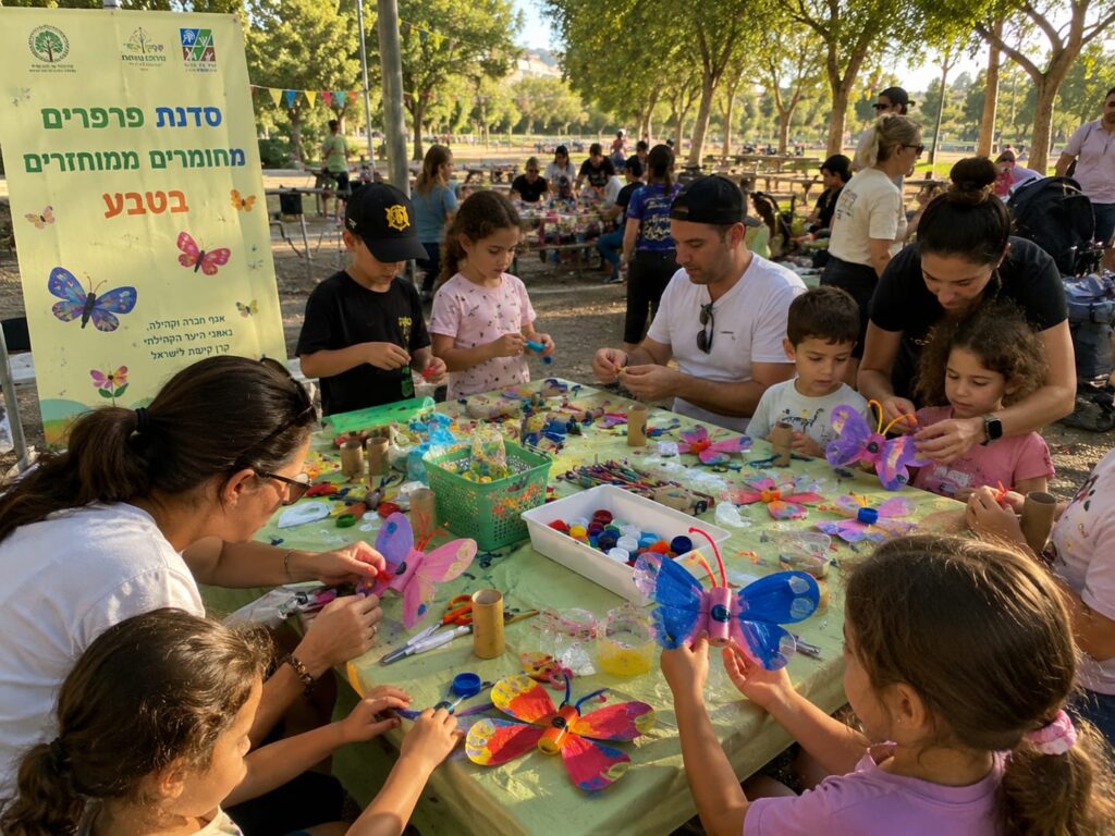 משפחות וילדים יוצרים פרפרים צבעוניים מחומרים ממוחזרים בפארק אופקים בשעת אחר הצהריים