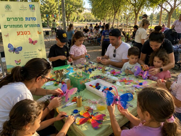 משפחות וילדים יוצרים פרפרים צבעוניים מחומרים ממוחזרים בפארק אופקים בשעת אחר הצהריים