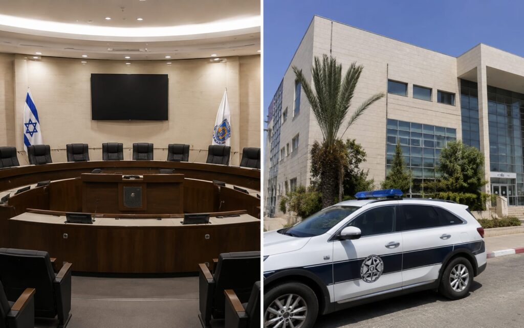 אולם מועצת העיר יבנה או בניין העירייה, לצד ניידת משטרה