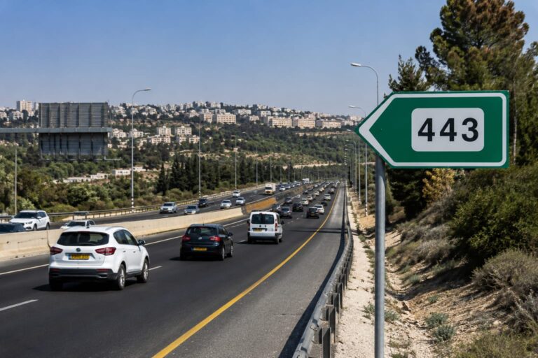 כביש 443 באזור מודיעין מכבים רעות עם תנועת כלי רכב ושילוט הכביש