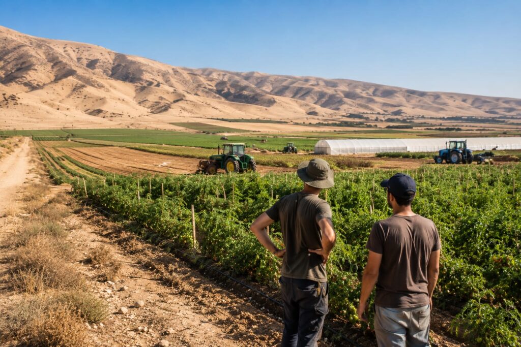 שטחים חקלאיים נרחבים בנגב לצד חקלאים צעירים וכלים חקלאיים, הממחישים את התוכנית להכשרת קרקעות חדשות בדרום