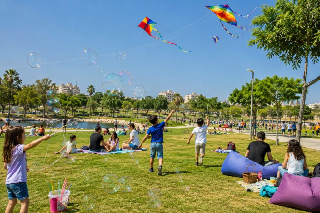 ילדים מעיפים עפיפונים בפארק, לצד בועות סבון ומשפחות נהנות על הדשא באווירת קיץ