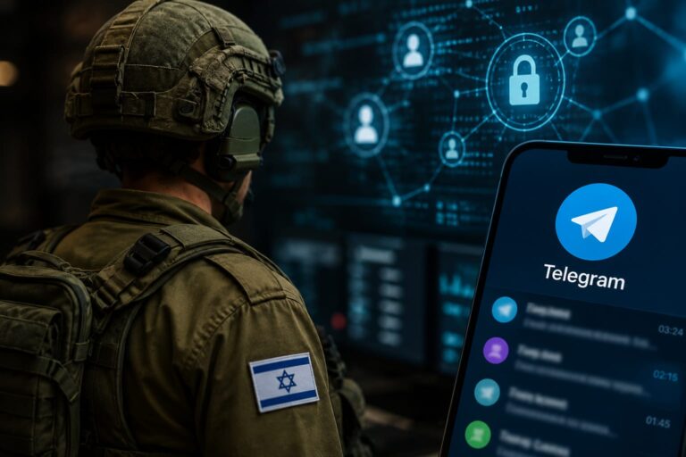 אילוסטרציה של חייל צה"ל לצד מסך טלגרם עם סמלים דיגיטליים